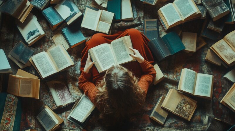 A person in a red outfit surrounded by open books, sitting cross-legged on a patterned carpet, deeply engrossed in reading